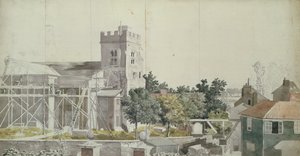Twickenhamin kirkko rakennustelineiden alla, 1700-luku (wc, kynä ja muste paperille) tekijältä Samuel Scott