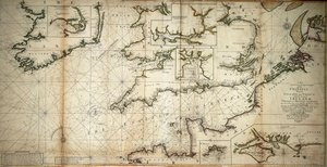 Uusi ja oikea suuri piirustus Englannin ja Ranskan välisestä Channellista Irlannin rannikolla St. Georges  Bristoll Channellin ja useiden huomattavimpien satamien kanssa suuressa mittakaavassa. tekijältä Samuel Thornton