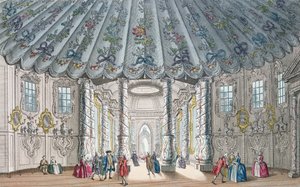 Sisäkuva Vauxhall Gardensin tyylikkäästä musiikkihuoneesta, kaiverrus H. Roberts, 1752 (käsinvärinen kaiverrus) tekijältä Samuel Wale