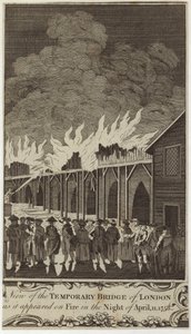 Näkymä Lontoon väliaikaisesta sillasta sellaisena kuin se palasi 11. huhtikuuta 1758 yöllä tekijältä Samuel Wale