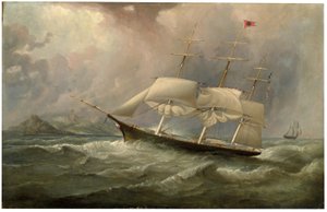 Black Ball Line -leikkurialus Ocean Chief vähentää purjeita hänen Australian juoksullaan, n. 1853