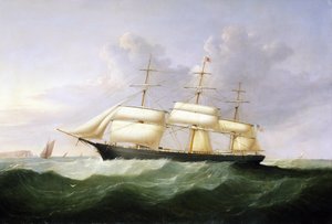 Palestine-alus, täydessä purjeessa, Amerikan yhdysvaltojen lipun alla, rakennettu vuonna 1854, tarkoitettu matkustajaliikenteeseen Atlantin ylittävällä linjalla. tekijältä Samuel Walters