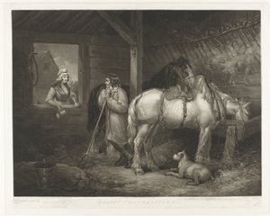 Gesprek in de stal Maalaismainen keskustelu (otsikko esineessä) tekijältä Samuel William Reynolds (I)