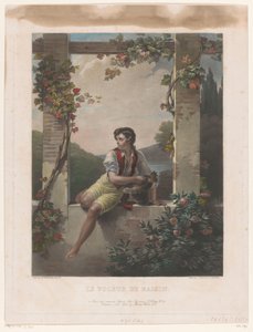 Poika hattu täynnä viinirypäleitä Le Voleur de Raisin (otsikko esineessä) tekijältä Samuel William Reynolds (I)