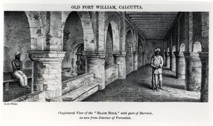Vanha Fort William, Kalkutta, arveluaalinen näkymä "mustalle aukolle" ja osa kasarmista verannan sisäpuolelta nähtynä