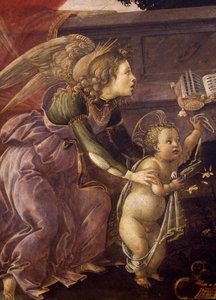 Madonna ja lapsi kolmen enkelin kanssa (Madonna del Padiglione), yksityiskohta enkelistä Kristuksen kanssa tekijältä Sandro Botticelli