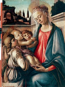 Madonnalla on lapsi kahden enkelin kanssa Detrempe on Wood, kirjoittanut Sandro Filipepi dit Botticelli (1445-1510) 1468-1469 Dim. 100x71 cm Napoli, Galleria Nazionali di Capodimonte - Madonna ja lapsi kahden enkelin kanssa, kirjoittanut Sandro Filipepi el tekijältä Sandro Botticelli