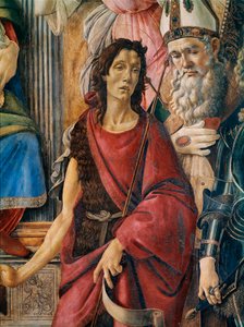 Pala di San Barnaba (Pyhän Barnaban alttaritaulu): Neitsyt Marialla on lapsi Pyhän Katariinan Aleksandrialaisen, Pyhän Augustinuksen, Pyhän Barnaban ja Pyhän Johannes Kastajan, Antiokian Pyhän Ignatiuksen ja arkkienkeli Pyhän Mikaelin kanssa. Yksityiskohta tekijältä Sandro Botticelli