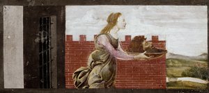 Salome pitelee Johannes Kastajan päätä. Yksityiskohta pyhän Barnaban alttaritaulusta (Tempera puulla tekijältä Sandro Botticelli