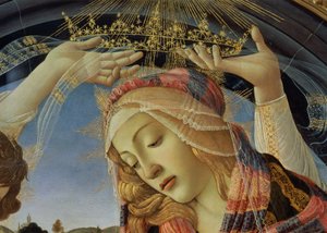 Magnificatin Madonna, yksityiskohta Neitsyen kasvoista ja kruunusta tekijältä Sandro Botticelli