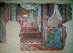 Julistuksen neitsyt yksityiskohta. Fresko: Alessandro di Mariano dei Filipepi, Sandro Botticelli (1445-1510). 1481 su. 245x535 cm Firenze, Uffizi-galleria (toimistot) tekijältä Sandro Botticelli