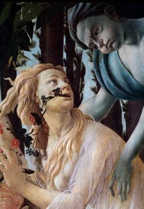 Kevät. Yksityiskohta: Zephyr kaappaa Chlorista läpinäkyvää huntua yllään (Maalaus tekijältä Sandro Botticelli