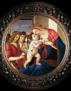 Neitsyt ja lapsi ja kaksi enkeliä (tempera puulla, n. 1490) tekijältä Sandro Botticelli