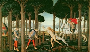 Nastagion visio aavemaisesta takaa-ajosta metsässä: Nastagio degli Onestin tarinan I kohtaus, n. 1483 (tempera paneelissa) tekijältä Sandro (and workshop) Botticelli