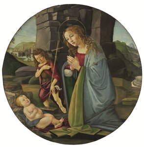 Madonna palvelee Kristuksen lasta nuoren Johannes Kastajan kanssa (tempera ja öljy paneelille). tekijältä Sandro (and workshop) Botticelli