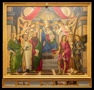Alttaritaulu, pääruutu: Madonna valtaistuimella, neljä enkeliä ja pyhimyksiä. tekijältä Sandro Botticelli