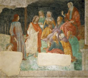 Ein Jüngling (Lorenzo Tornabuoni?) wird von Minerva in den tekijältä Sandro Botticelli