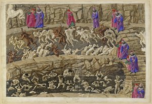 La Divina Commedia, Inferno XVIII. Vergilius ja Dante helvetin kahdeksannessa piirissä (Malebolge), 1. ja 2. bolgia: parittajien ja viettelijöiden, imartelijoiden ja huorien rangaistus tekijältä Sandro Botticelli