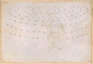 La Divina Commedia, Paradiso XXIII. Kahdeksas taivas (kiinteiden tähtien taivas): Näky Kristuksen voitosta; Dante näkee Beatricen todellisessa muodossaan; Neitsyt Marian tanssi ja kaksitoista apostolia tekijältä Sandro Botticelli