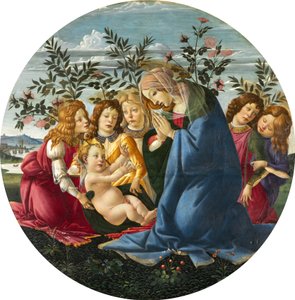 Madonna palvoo lasta viidellä enkelillä tekijältä Sandro Botticelli