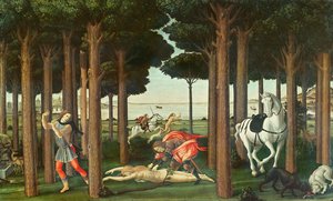 Tavoitteena olevan naisen irtoaminen: Nastagio degli Onestin tarinan II kohtaus, n. 1483 (tempera paneelissa)