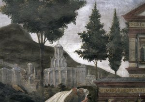 Sikstuksen kappelissa oleva Lepraisen puhdistus ja Kristuksen kiusaaminen: yksityiskohta kuvitteellisesta kaupungista maisemassa, fresko vuodelta 1481. tekijältä Sandro Botticelli
