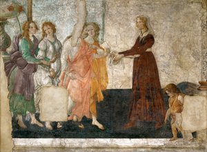 Venus ja kolme armoa tarjoavat lahjoja nuorelle tytölle, 1484-1486 tekijältä Sandro Botticelli