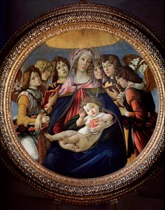 Neitsyt ja lapsi ja kuusi enkeliä sanoivat Madonna della Melagrana tai Melograno tekijältä Sandro Botticelli