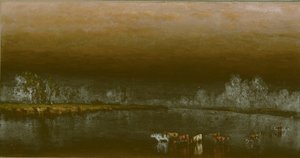Lehmät lammessa auringonlaskun aikaan, 1860. tekijältä Sanford Robinson Gifford