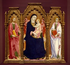Madonna ja lapsi pyhien James Majorin ja Johannes evankelista kanssa, alttaritaulu tekijältä Sano di Pietro