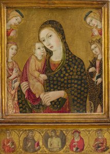 Madonna ja lapsi kuolleen Kristuksen kanssa, pyhät Agnes ja Katariina Alexandriasta...n. 1470-80. tekijältä Sano di Pietro