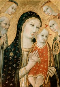 Neitsyt ja lapsi Pyhän Hieromuksen, Pyhän Katariinan Aleksandrialaisen ja kahden enkelin kanssa, c1470 tekijältä Sano di Pietro