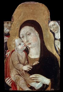 Neitsyt ja lapsi pyhien kanssa. Sano di Pietron (1406-1481) maalaus. Tempera puulle, 43 x 27 cm. Sienan koulu, italialainen goottilainen taide. Pushkinin taidemuseo, Moskova. ©FineArtImage/Leemage tekijältä Sano di also Ansano di Pietro di Mencio Pietro