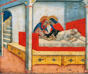 Pyhät Cosmas ja Damian kiinnittävät Etiopian jalan sakristaniin (Etiopialaisen jalan ihme), kohtaus predellasta Madonna ja lapsi enkelien ja pyhimysten kanssa, kirjoittanut Sano di Pietro (1405-1481), paneeli