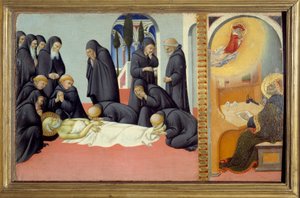 Kohtaus Pyhän Hieromuksen elämästä: "" Pyhän Hieromon kuolema ja hänen ilmestymisensä Pyhälle Augustinukselle"" Sano di Pietron (1406-1481) maalaus puulle Su. 0,23x0,37 m