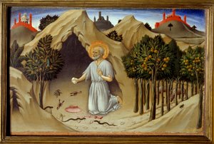 Kohtaus Pyhän Hieromuksen elämästä: "" Pyhän Hieromuksen katumus"" Sano di Pietron (1406-1481) maalaus 1400-luku. Aurinko 0,23x0,36 m tekijältä Sano di also Ansano di Pietro di Mencio Pietro