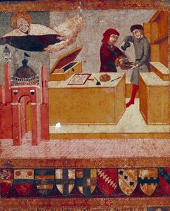 Camerlingvist symbolisesti pesee kätensä, kun hyväntahtoinen ja suojeleva Neitsyt lentää Siena Detailin kaupungin yli. Sano di Pietron (1406-1481) puumaalaus Bicchernaa koristamassa (Sienan kaupungin kirjanpitorekisterin kansi) 1451. tekijältä Sano di also Ansano di Pietro di Mencio Pietro