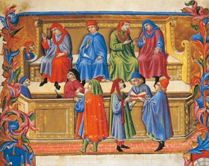 Kauppatuomioistuimen miniatyyri Sano di Pietron (1472), Italian 1400-luvun kauppiaiden säännöistä.