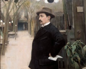 "Muotokuva taidemaalari Miguel Utrillosta (1862-1934) hänen Pariisissa-vierailunsa aikana" Yksityiskohta. Santiago Rusinol y (i) Pratsin (1861-1931) maalaus 1891.