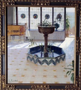 Suihkulähde kuistin alla James Rusinolin ja (i) Pratsin (1861-1931) maalaus 1894 Yksityinen kokoelma tekijältä Santiago Rusinol i Prats