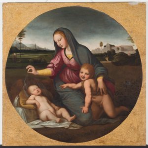 Madonna ja lapsi nuoren St. Johnin kanssa, n. 1500 (öljy puulle) tekijältä Sanzio of Urbino (follower of) Raphael