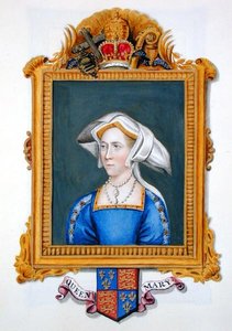 Muotokuva Anne Boleynista, jota kutsuttiin virheellisesti kuningatar Mariaksi vuonna 1825 julkaistusta teoksesta "Memoirs of the Court of Queen Elizabeth" (vesiväri ja guassi paperille). tekijältä Sarah Countess of Essex