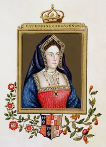 Muotokuva Katariinasta Aragoniasta (1485-1536) Henrik VIII:n 1. kuningattaresta "Kuningatar Elisabetin hovin muistelmista", julkaistu vuonna 1825 (wc ja guassi paperilla)