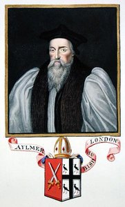 Lontoon piispan John Aylmerin (1521-94) muotokuva vuonna 1825 julkaistusta "Memoirs of the Court of Queen Elizabethista" (akvarelli ja guassi paperille)