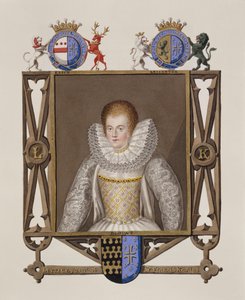Lettice Knollysin (n. 1541-1634) muotokuva Sir Francis Knollysin tyttärestä Queen Elizabethin hovin muistelmista, julkaistu vuonna 1825 (wc ja guassi paperilla)