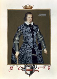 Robert Devereuxin (1566-1601) 2. Essexin jaarlin muotokuva Kuningatar Elisabetin hovin muistelmista Sir William Segarin (k.1913-d.1633) vuonna 1825 julkaistun öljyvärityön mukaan (wc ja guassi paperille).