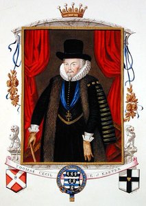 Muotokuva Sir Thomas Cecilistä (1542-1623) Exeterin 1. jaarlista, 2. lordi Burghleystä "Memoirs of the Court of Queen Elizabeth", julkaistu vuonna 1825 (akvarelli ja guassi paperille) tekijältä Sarah Countess of Essex