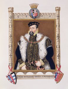 Muotokuva William Herbertistä (n. 1506-70) 1. Earl of Pembroke kirjasta "Memoirs of the Court of Queen Elizabeth", julkaistu vuonna 1825 (wc ja guassi paperilla)