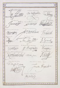 Jäljennös Tudorien ja heidän hovinsa allekirjoituksista vuonna 1825 julkaistusta teoksesta "Memoirs of the Court of Queen Elizabeth" (tussi ja muste paperille). tekijältä Sarah Countess of Essex