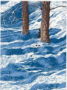 Keväinen lumisade, 2016 (Linoleikkaus) tekijältä Sarah Drummond
